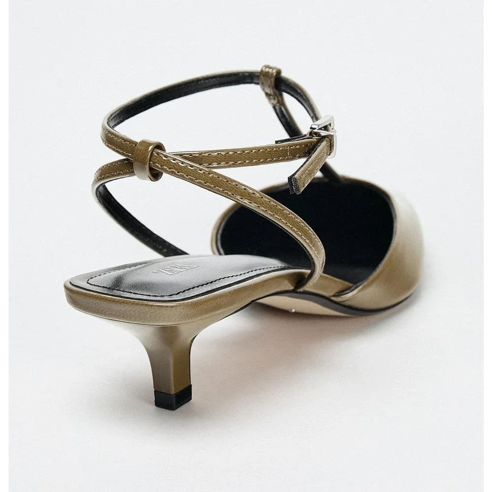 Zara Olive Green Pointed Toe T-Strap Slingback Heels NWT - Picture 16 of 16